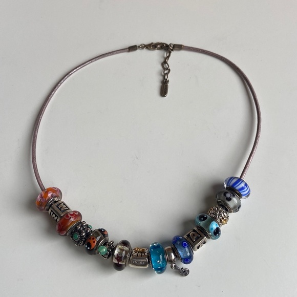 Pandora sterling silver 925 leather necklace with Pandora beads - Picture 1 of 9